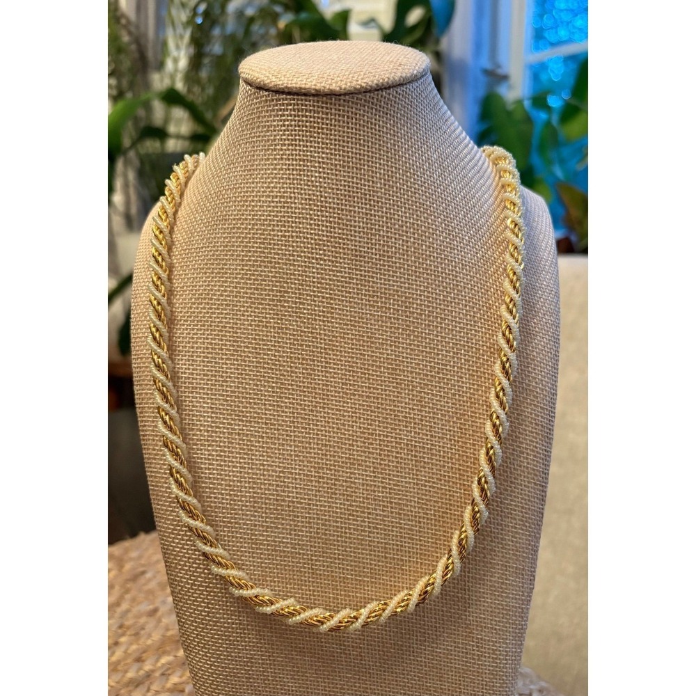 Vintage Trifari Twisted Gold Rope & Faux Pearl Seed Bead Necklace 1980s